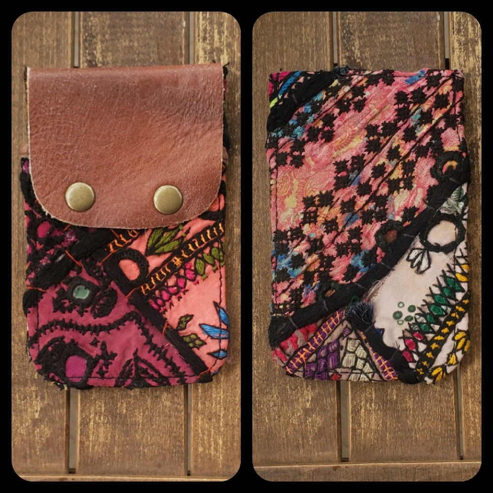 🧠🍳 Free People Boho Embroidered Repurposed vtg banjara hippie Wallet card case